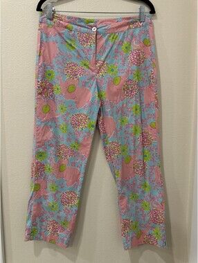 Vintage Lilly Pulitzer White Label Blue Pink Elephant Floral Print Pants Size 8